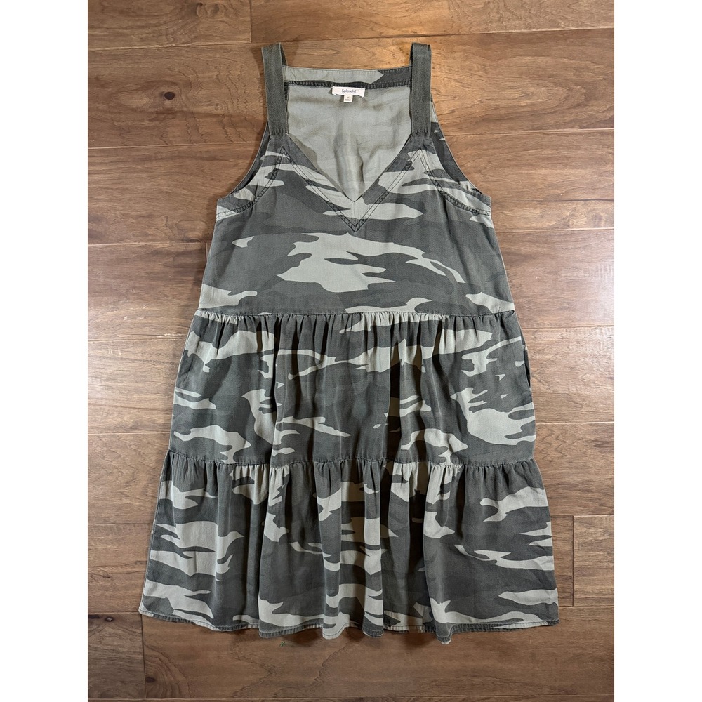 Splendid Camo Tiered V-Neck Mini Dress with Pockets Olive RM1D072 Womens Size M